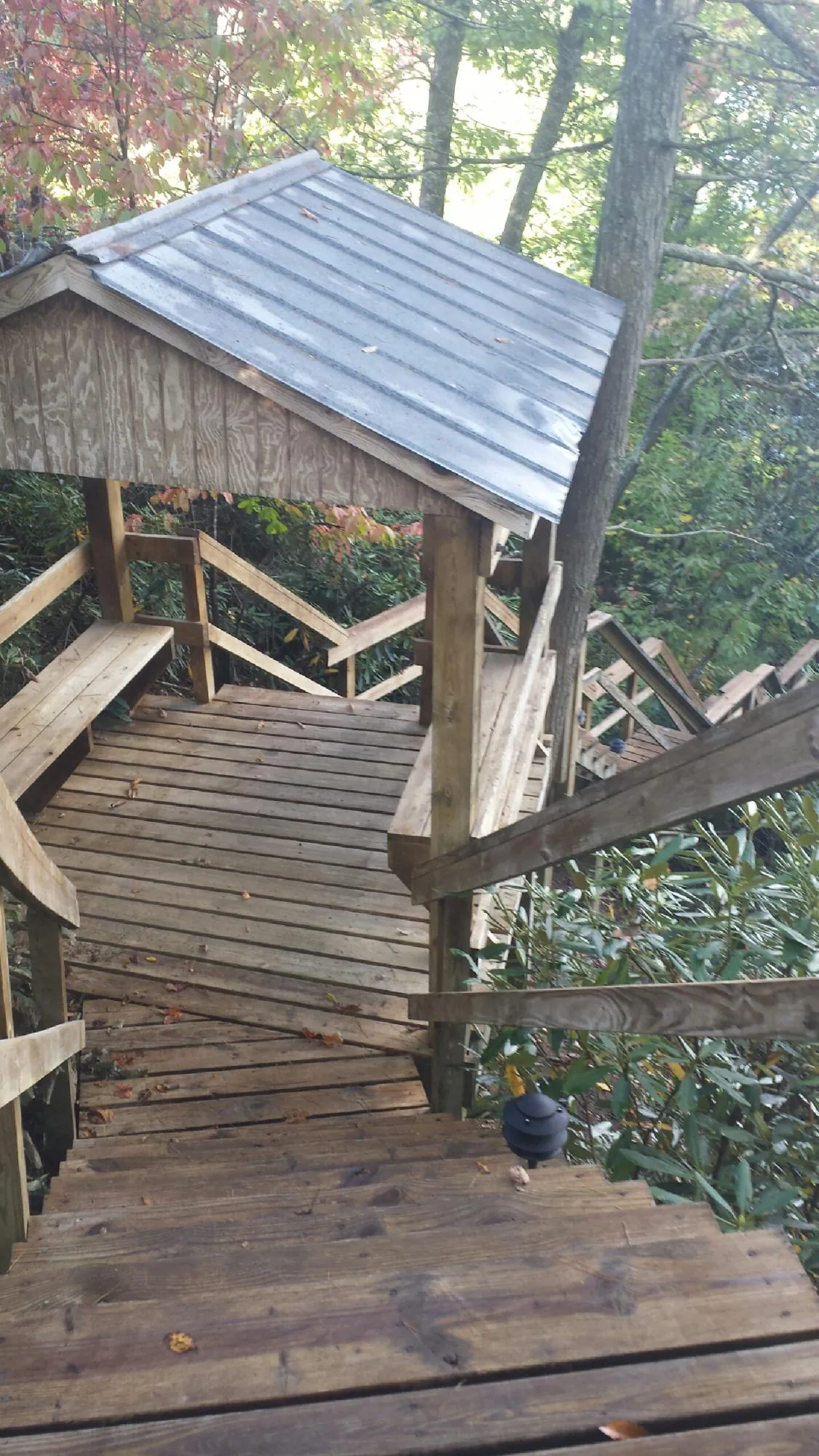Metal roofed shelter over wooden steps on a wooded walkway — Skylight Repair & Installation work by our crew in West Grove
